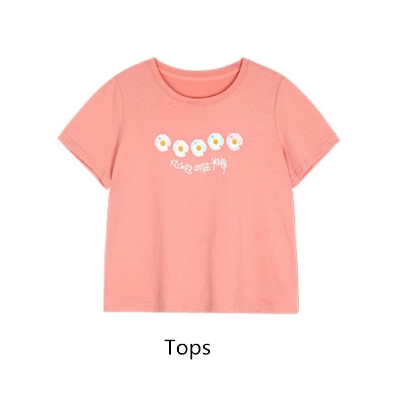 2025 Sommer Mädchen Set, T-Shirt & Rock, Blumenprint, Süß, Slim Fit, Rosa