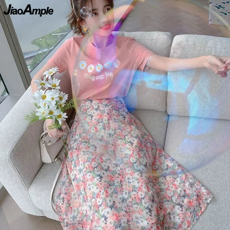 2025 Sommer Mädchen Set, T-Shirt & Rock, Blumenprint, Süß, Slim Fit, Rosa