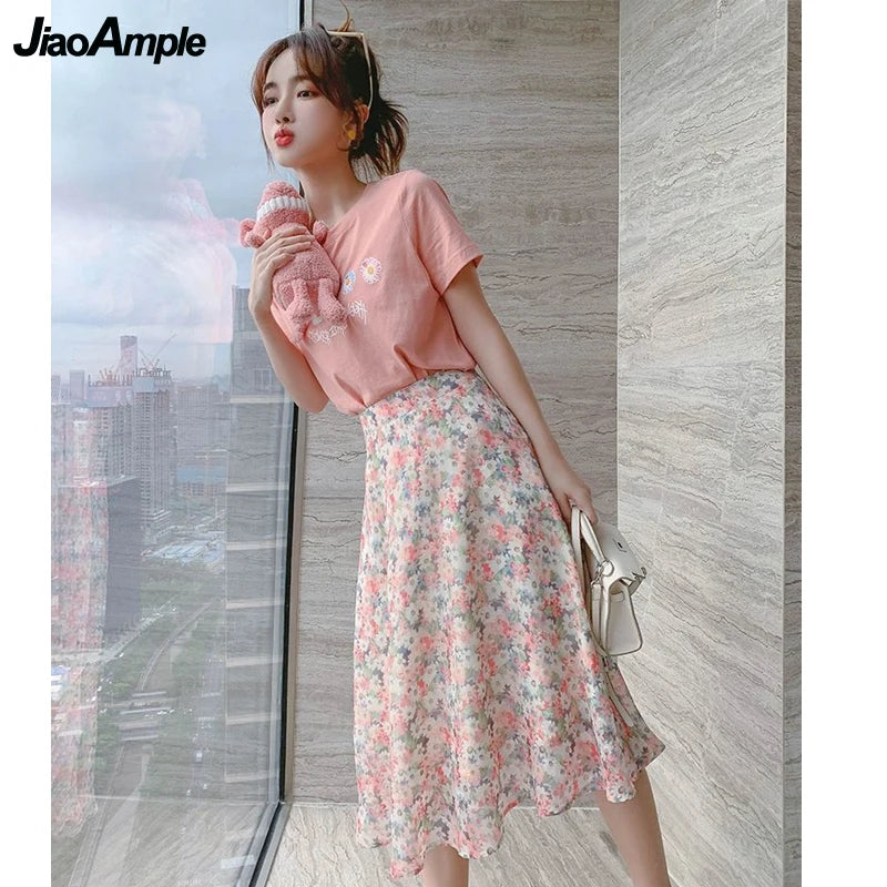 2025 Sommer Mädchen Set, T-Shirt & Rock, Blumenprint, Süß, Slim Fit, Rosa