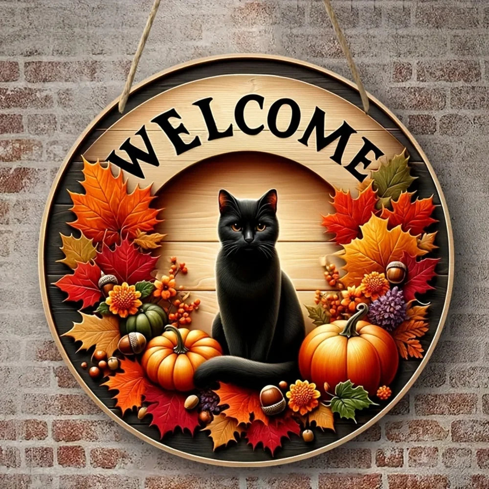 Herbst Willkommen-Schild mit schwarzer Katze und Kürbis – Dekoschild für die Tür