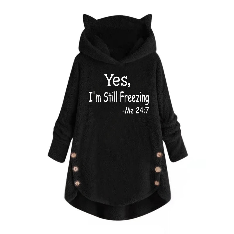 Damen Pullover Herbst Winter Katzenohren Hoodie Plüsch Print
