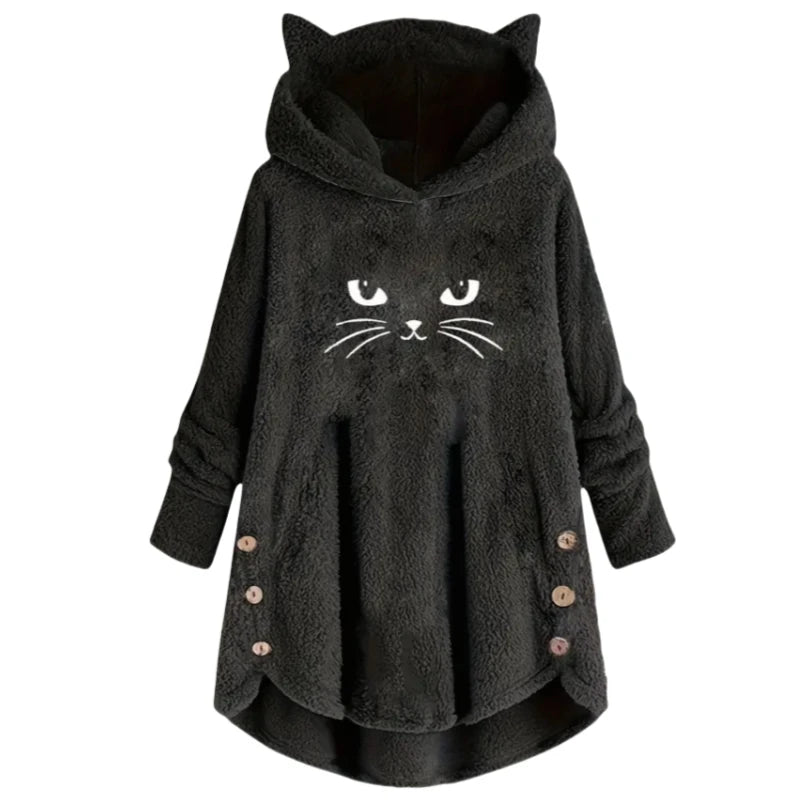 Damen Pullover Herbst Winter Katzenohren Hoodie Plüsch Print