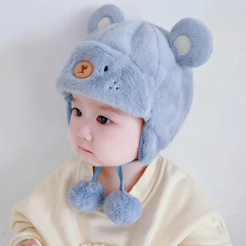 Süße Winter-Fleece-Mützen für Kinder, weiche Woll-Ohrenmütze mit Bommel, Baby-Bonnet