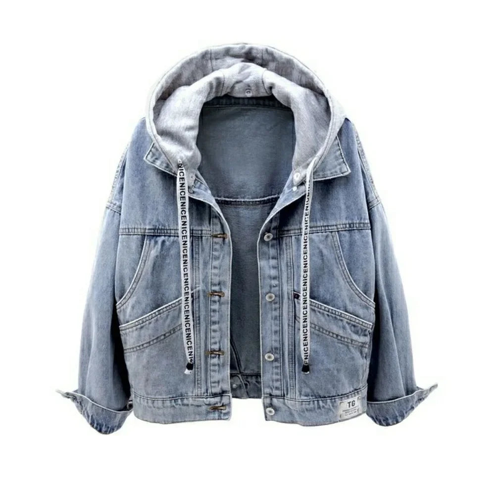 2025 Damen Jeansjacke Blau mit Kapuze Frühling Herbst