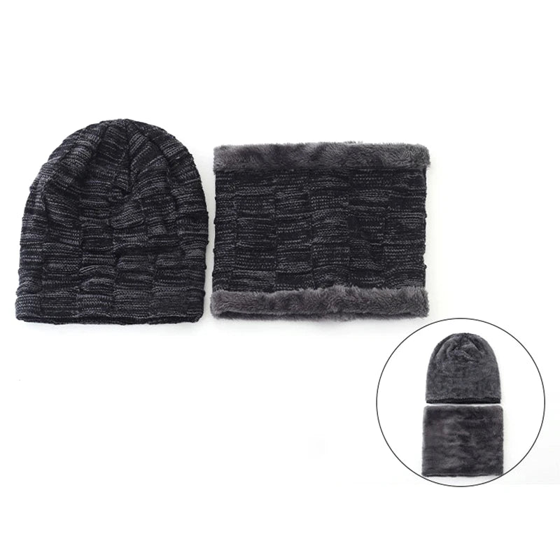 2er Set Herren Beanie Mütze & Schal Winter Strickmütze mit Plus-Velours