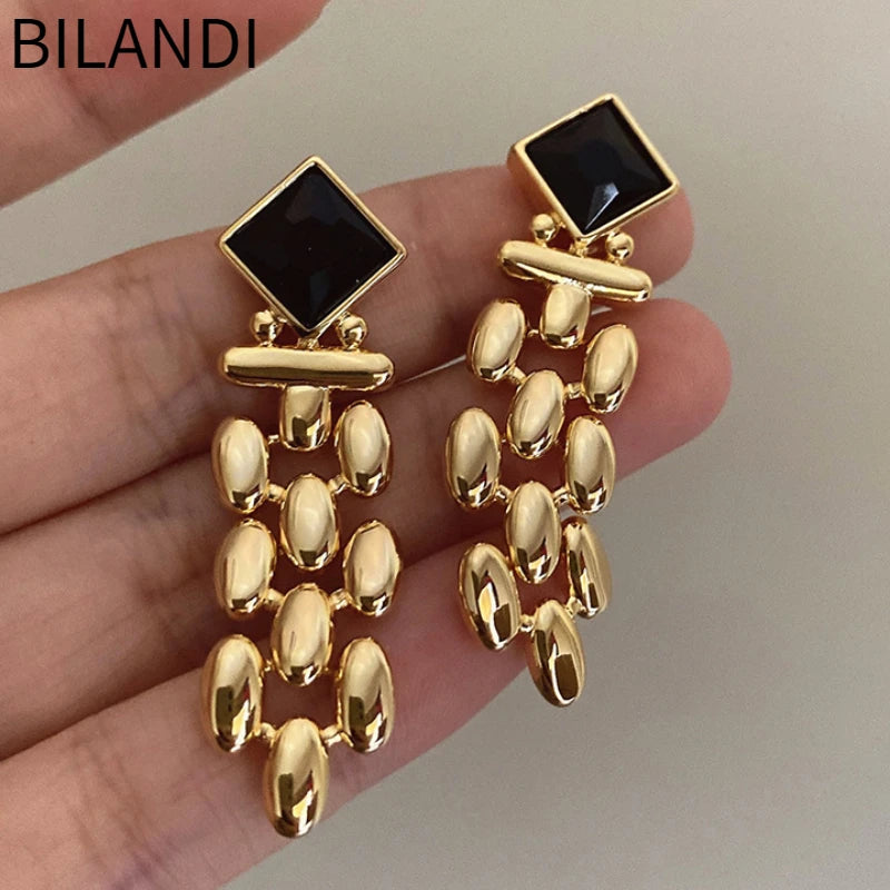 Bilandi Trendy 925 Silber Schwarze Stein Ohrringe – Hochwertiges Goldplattiertes Kupfer für Damen