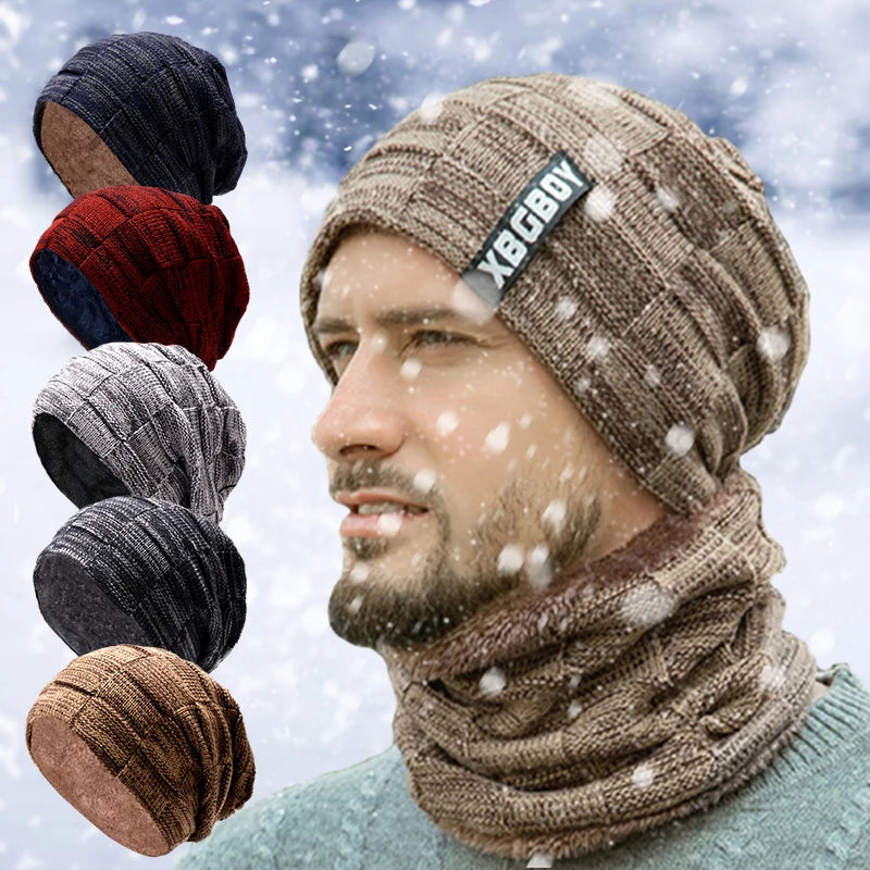 2er Set Herren Beanie Mütze & Schal Winter Strickmütze mit Plus-Velours