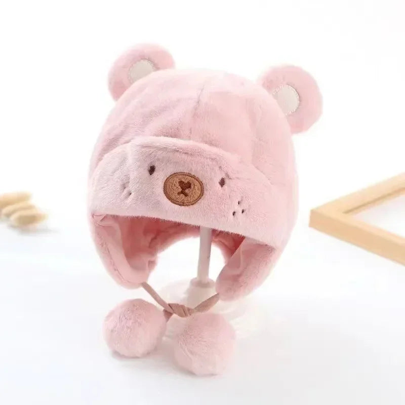 Süße Winter-Fleece-Mützen für Kinder, weiche Woll-Ohrenmütze mit Bommel, Baby-Bonnet