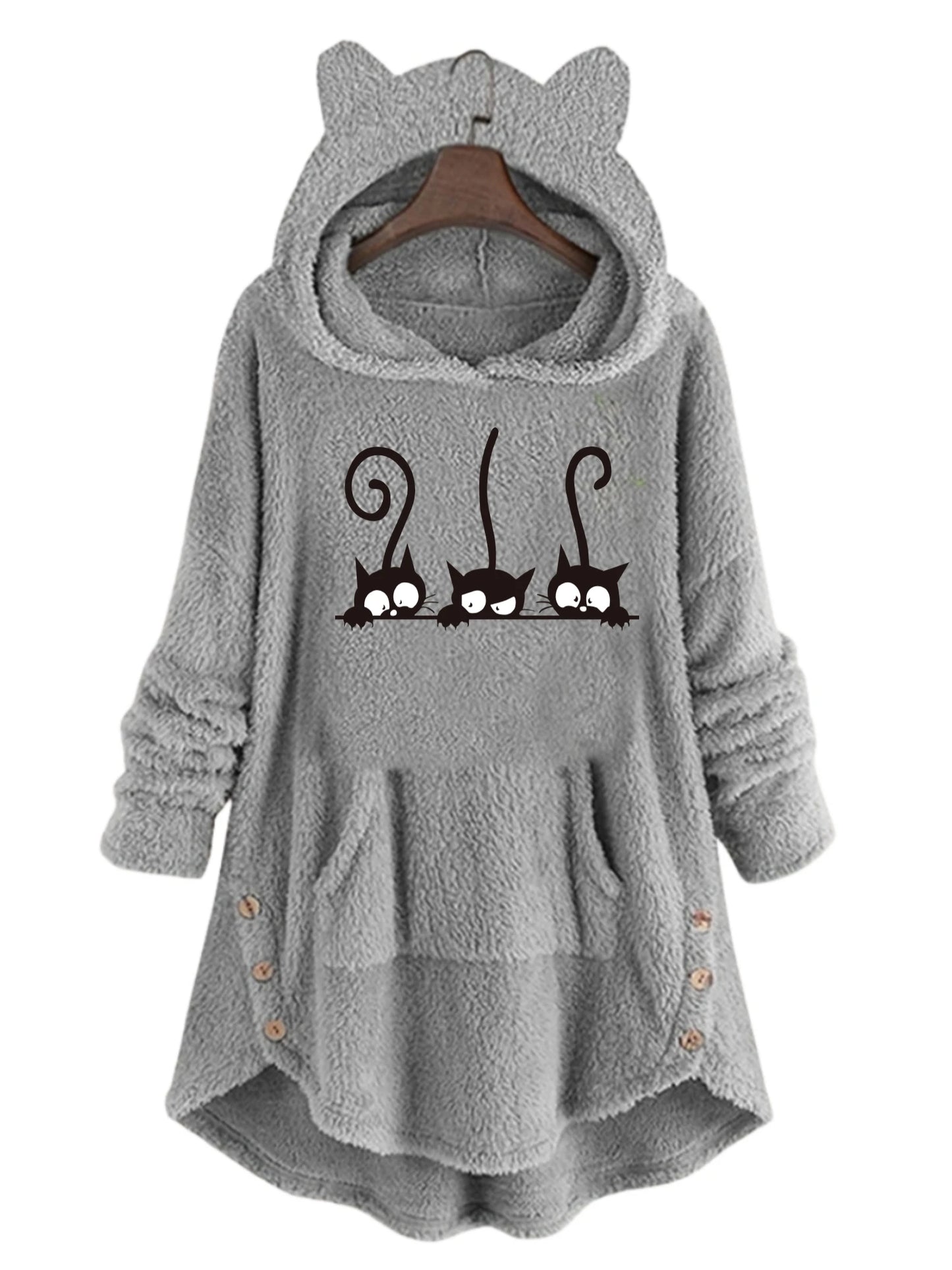 Damen Pullover Herbst Winter Katzenohren Hoodie Plüsch Print