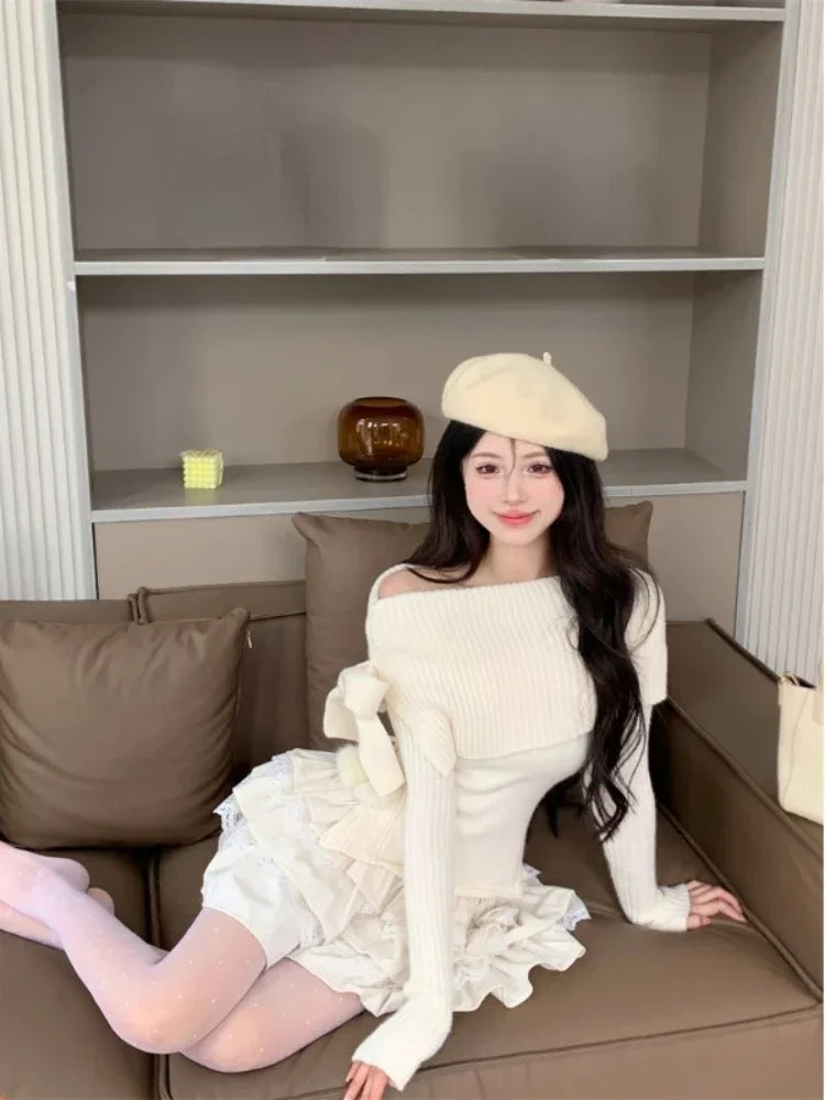 Winter Kawaii 2-teiliger Set Off-Shoulder Top & Mini Rock