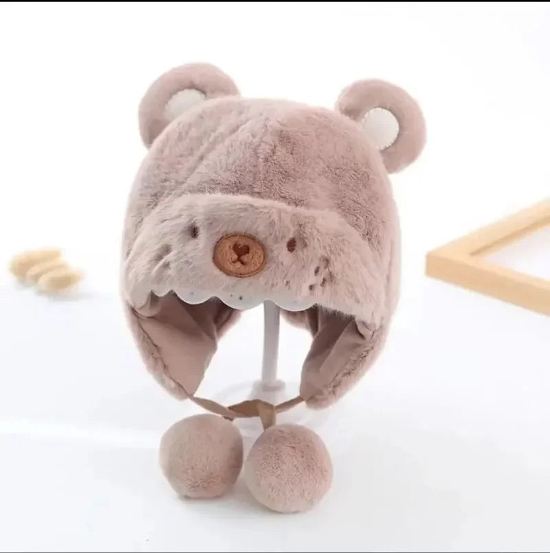 Süße Winter-Fleece-Mützen für Kinder, weiche Woll-Ohrenmütze mit Bommel, Baby-Bonnet