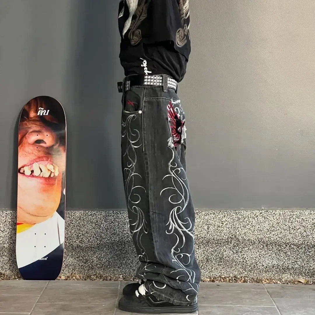 Bestickte Oversized Jeans mit Drachenmuster – Retro Harajuku Wide-Leg Hose