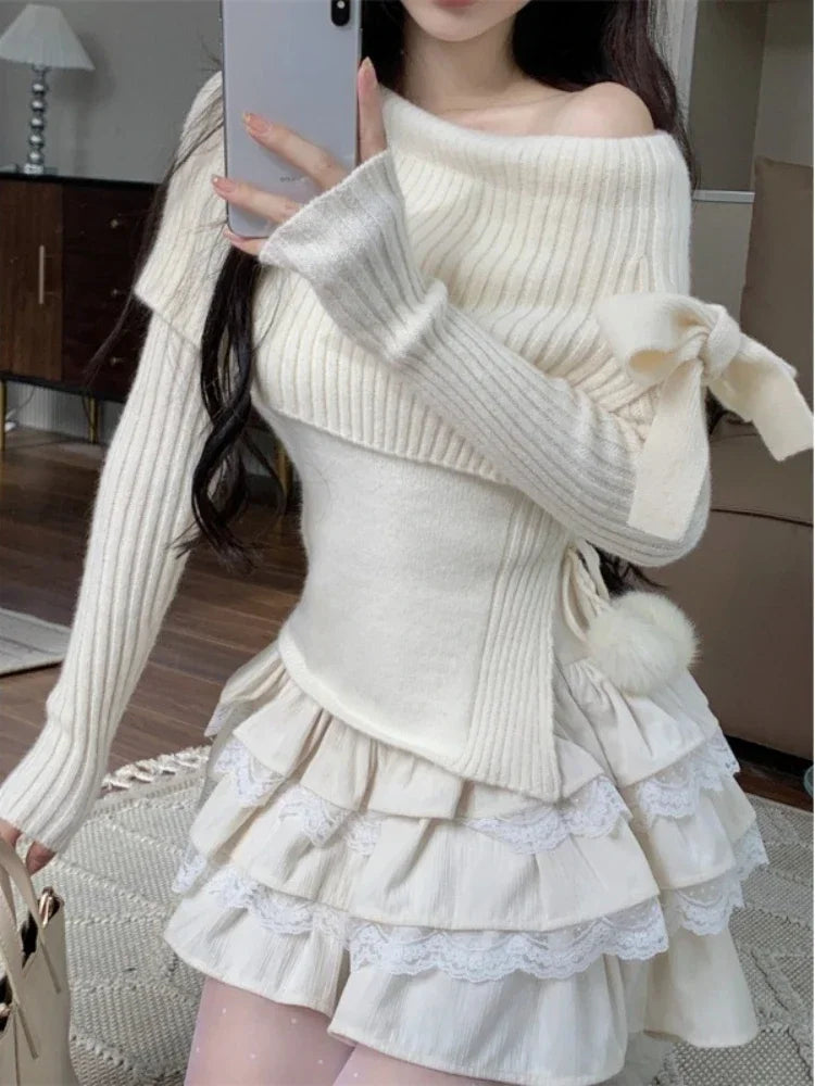 Winter Kawaii 2-teiliger Set Off-Shoulder Top & Mini Rock