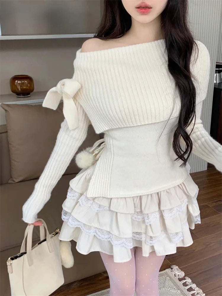 Winter Kawaii 2-teiliger Set Off-Shoulder Top & Mini Rock
