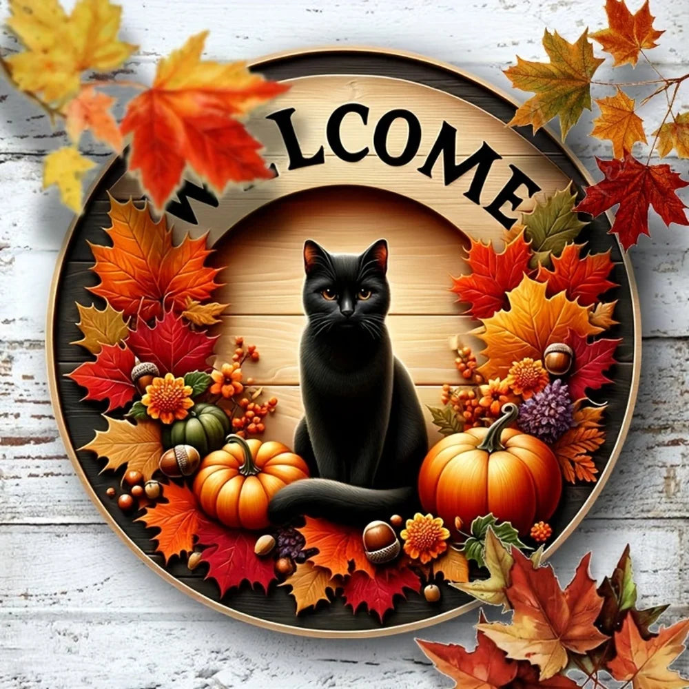 Herbst Willkommen-Schild mit schwarzer Katze und Kürbis – Dekoschild für die Tür