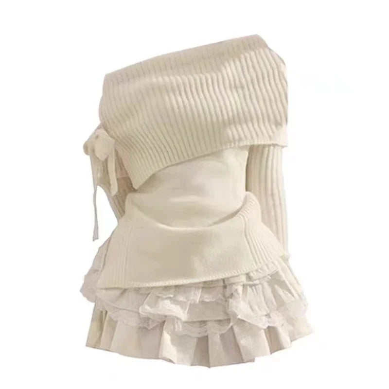Winter Kawaii 2-teiliger Set Off-Shoulder Top & Mini Rock