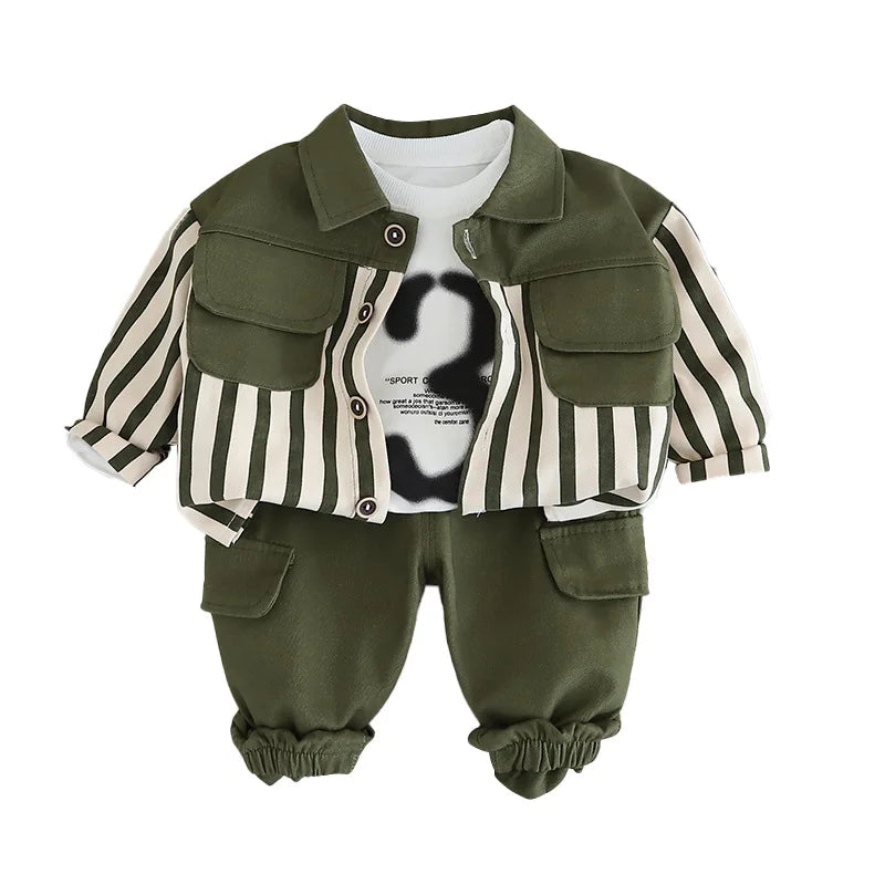 Kleinkind Jungen 3-teiliges Set – Baumwoll-Print-Oberteile, gestreifte Hemden & lockere einfarbige Hosen-Outfit