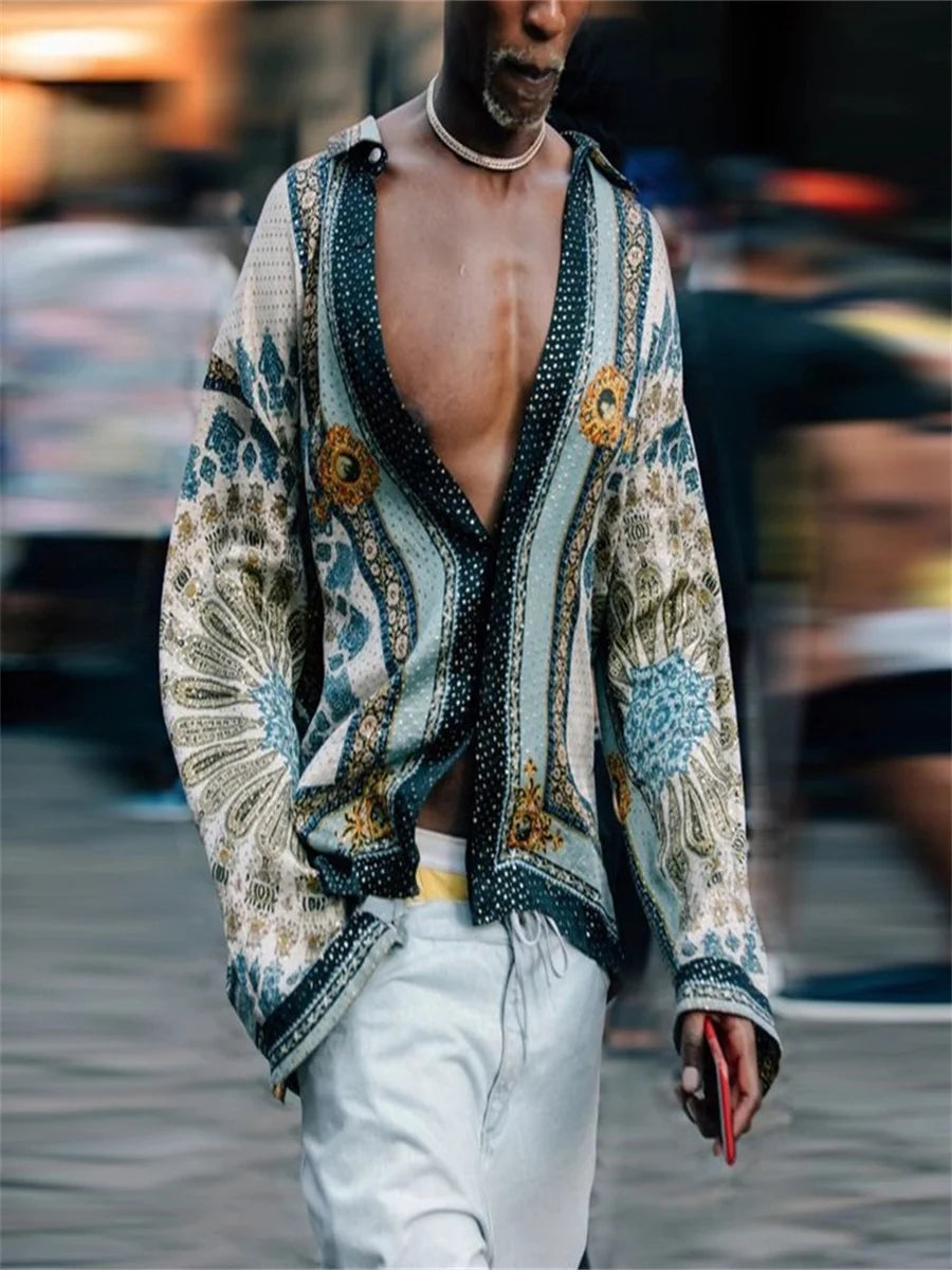 Frühling-Herbst Herren Hemd mit Druck & Farb-Kombination, Langarm, Kragen, Streetstyle