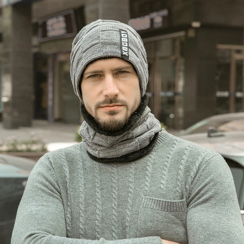 2er Set Herren Beanie Mütze & Schal Winter Strickmütze mit Plus-Velours