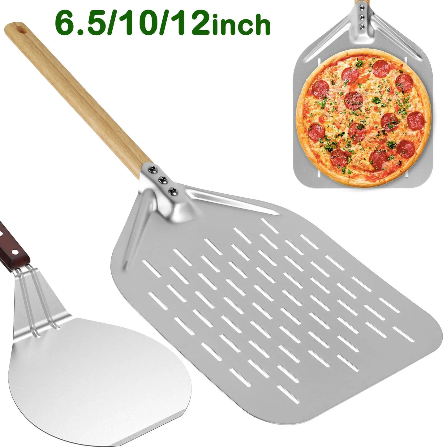 6,5/10/12-Zoll Antihaft-Metall-Pizzaschaufel – Holzgriff Kuchen- & Brotheber