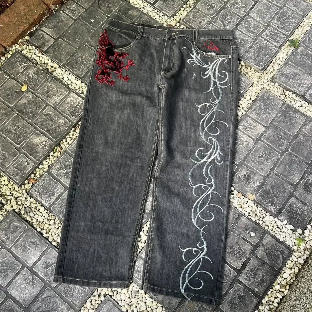 Bestickte Oversized Jeans mit Drachenmuster – Retro Harajuku Wide-Leg Hose