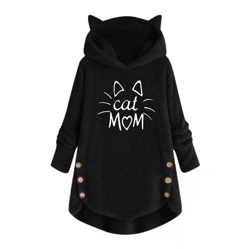 Damen Pullover Herbst Winter Katzenohren Hoodie Plüsch Print