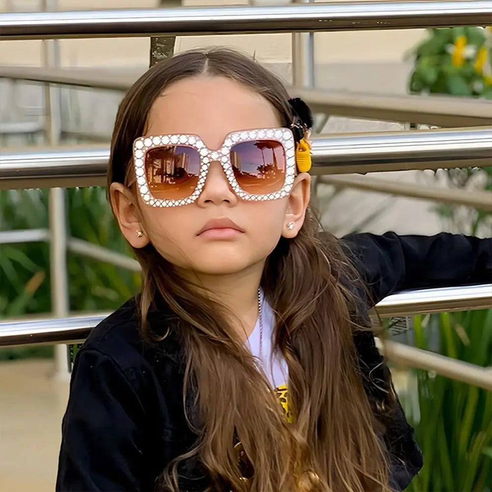 Luxus Kinder-Sonnenbrille für Jungen & Mädchen, glänzende Strasssteine, quadratische UV400 Brille