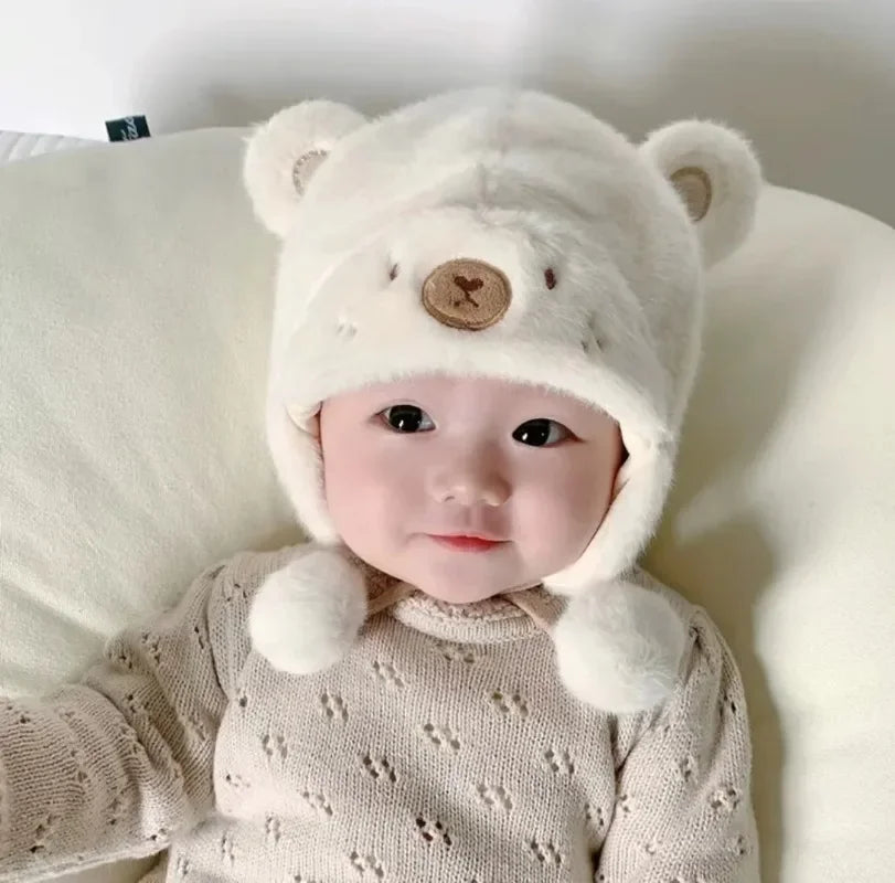 Süße Winter-Fleece-Mützen für Kinder, weiche Woll-Ohrenmütze mit Bommel, Baby-Bonnet