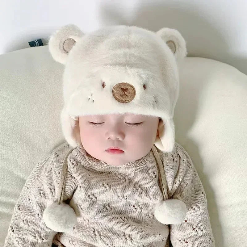 Süße Winter-Fleece-Mützen für Kinder, weiche Woll-Ohrenmütze mit Bommel, Baby-Bonnet