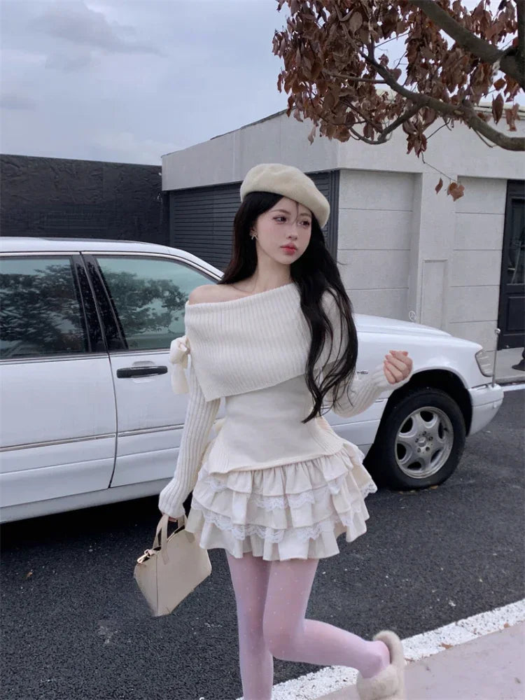 Winter Kawaii 2-teiliger Set Off-Shoulder Top & Mini Rock