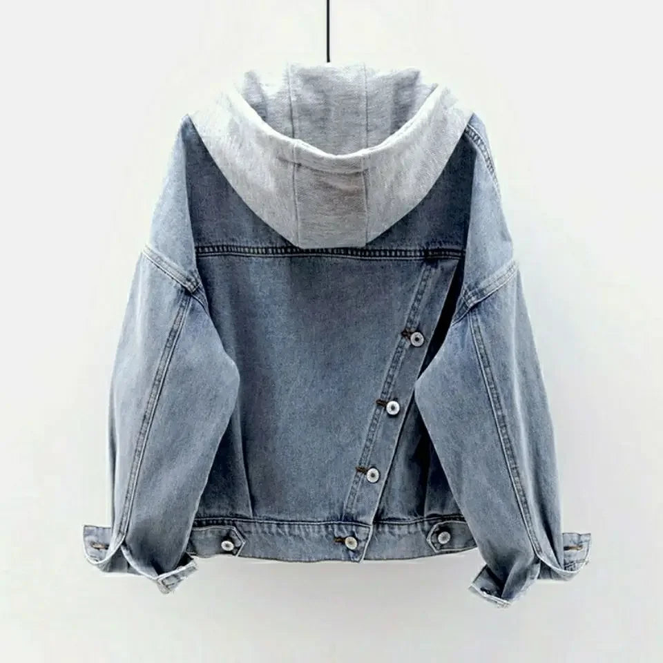 2025 Damen Jeansjacke Blau mit Kapuze Frühling Herbst