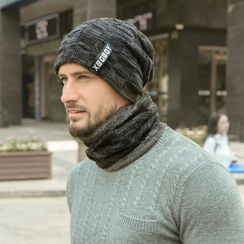 2er Set Herren Beanie Mütze & Schal Winter Strickmütze mit Plus-Velours