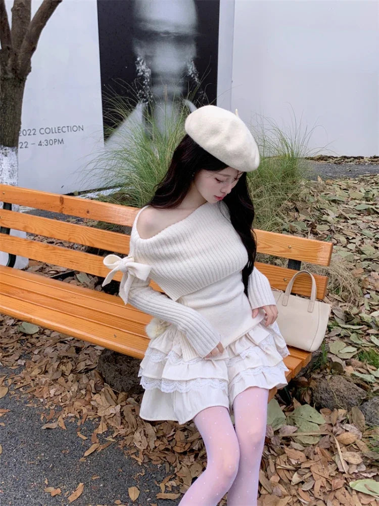Winter Kawaii 2-teiliger Set Off-Shoulder Top & Mini Rock