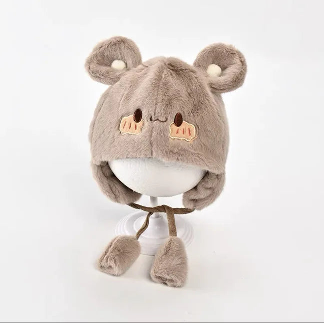 Süße Winter-Fleece-Mützen für Kinder, weiche Woll-Ohrenmütze mit Bommel, Baby-Bonnet