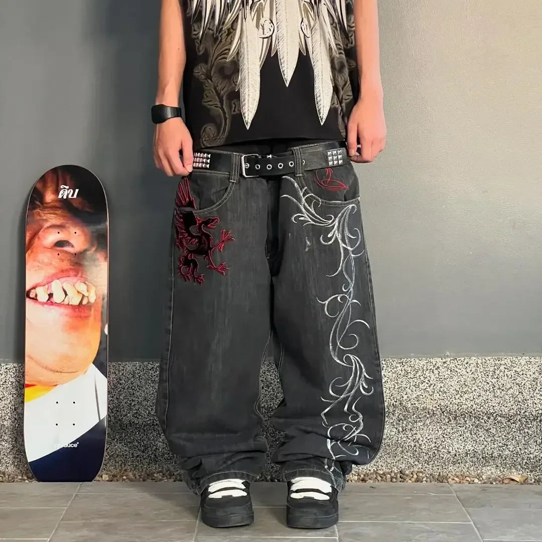 Bestickte Oversized Jeans mit Drachenmuster – Retro Harajuku Wide-Leg Hose