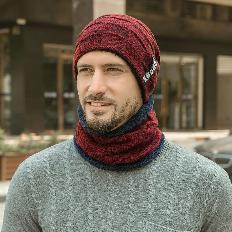 2er Set Herren Beanie Mütze & Schal Winter Strickmütze mit Plus-Velours