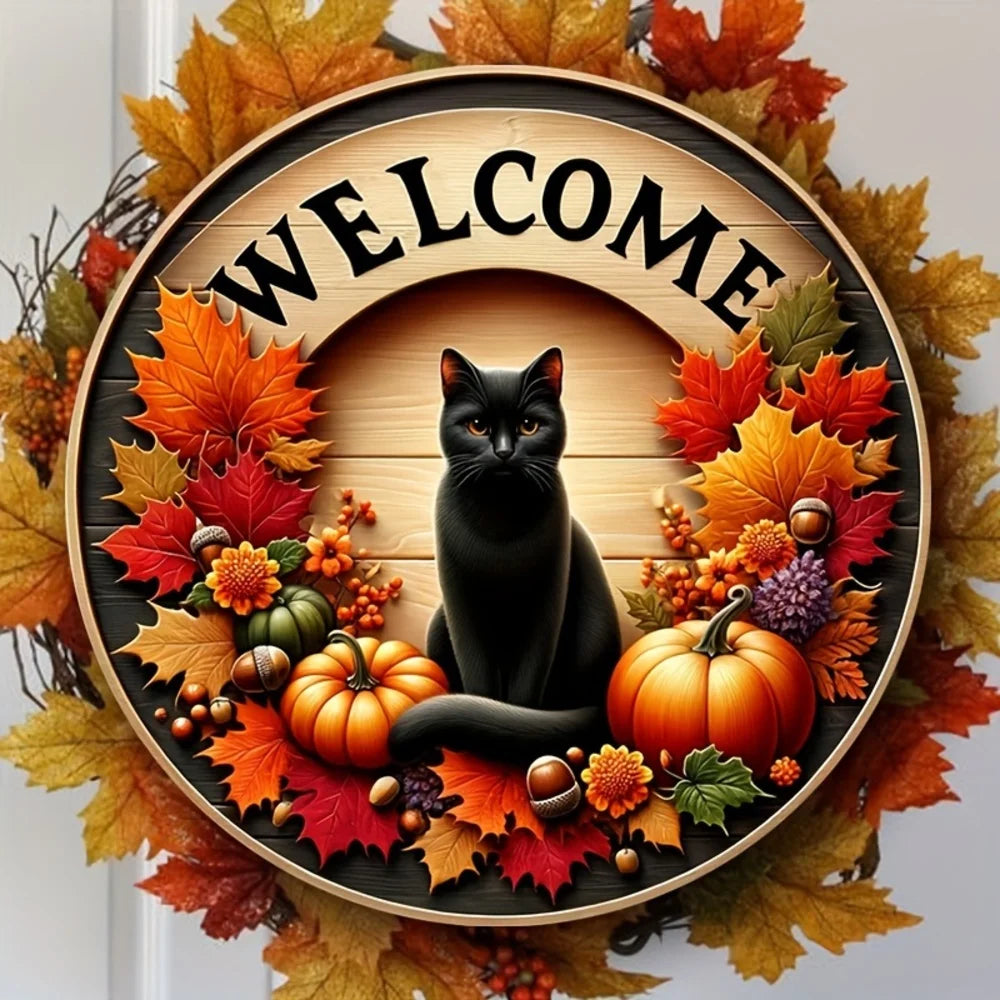 Herbst Willkommen-Schild mit schwarzer Katze und Kürbis – Dekoschild für die Tür