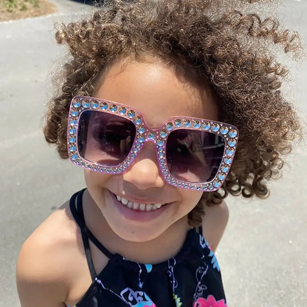 Luxus Kinder-Sonnenbrille für Jungen & Mädchen, glänzende Strasssteine, quadratische UV400 Brille