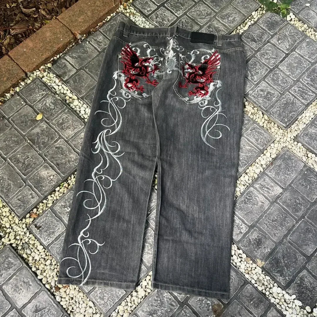 Bestickte Oversized Jeans mit Drachenmuster – Retro Harajuku Wide-Leg Hose