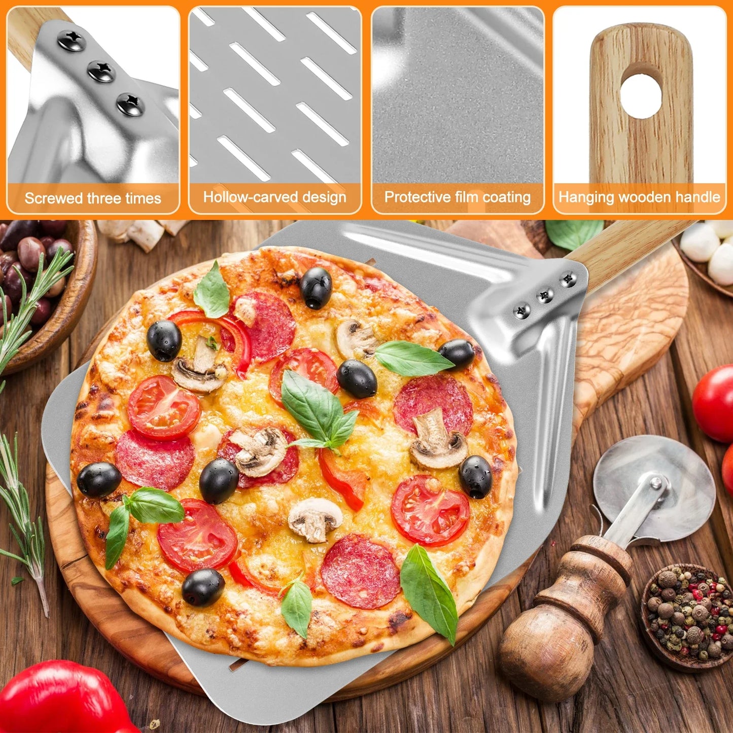 6,5/10/12-Zoll Antihaft-Metall-Pizzaschaufel – Holzgriff Kuchen- & Brotheber