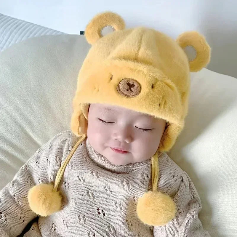 Süße Winter-Fleece-Mützen für Kinder, weiche Woll-Ohrenmütze mit Bommel, Baby-Bonnet