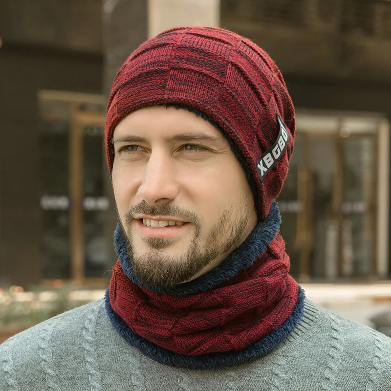 2er Set Herren Beanie Mütze & Schal Winter Strickmütze mit Plus-Velours