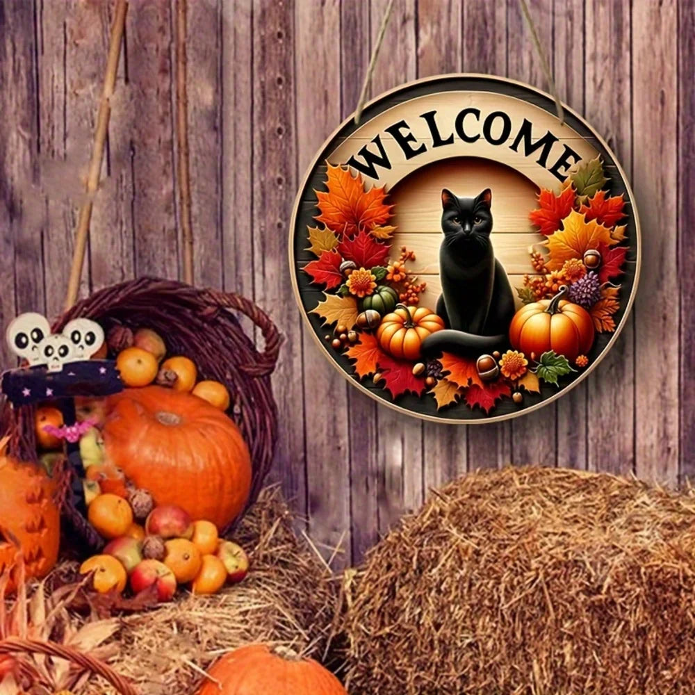 Herbst Willkommen-Schild mit schwarzer Katze und Kürbis – Dekoschild für die Tür
