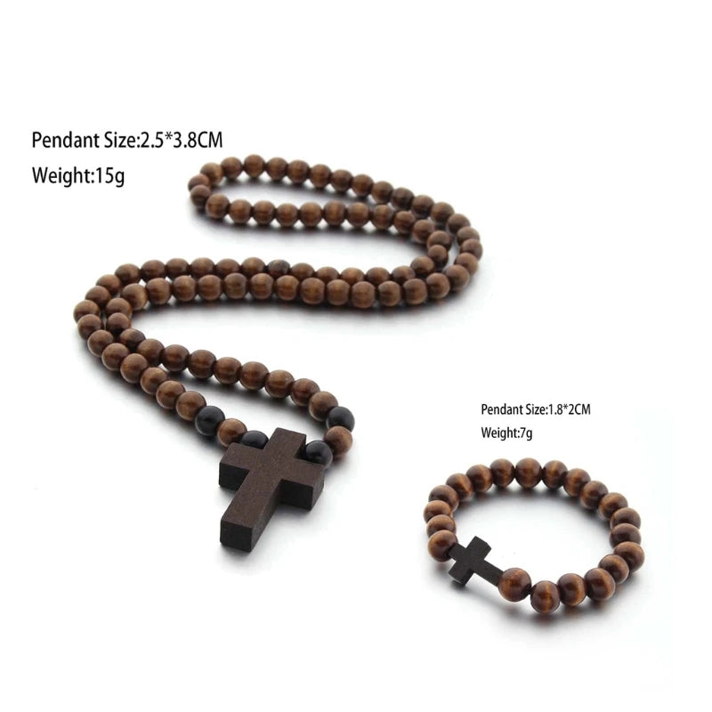 Wood Bead Crucifix Necklace & Bracelet Set - Catholic First Communion Gift