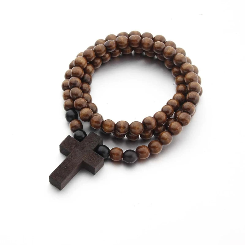 Wood Bead Crucifix Necklace & Bracelet Set - Catholic First Communion Gift