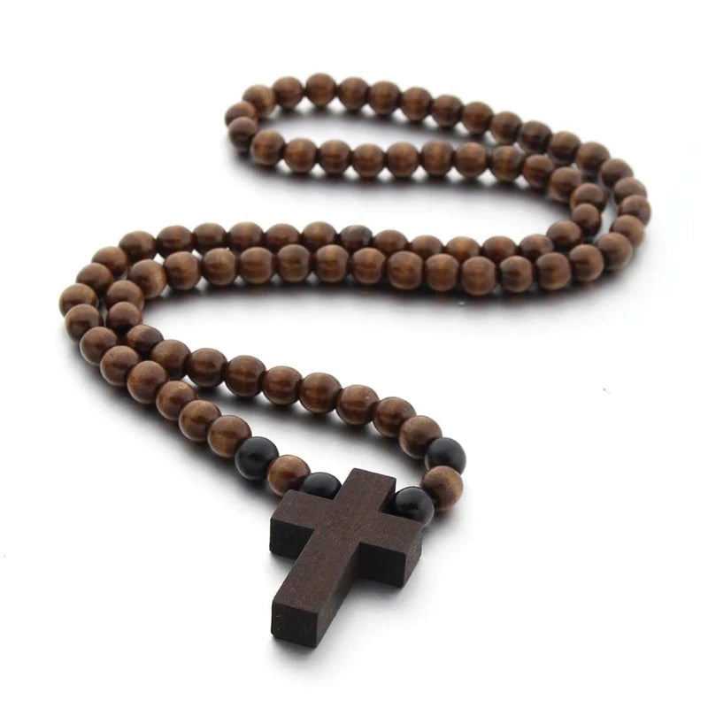 Wood Bead Crucifix Necklace & Bracelet Set - Catholic First Communion Gift