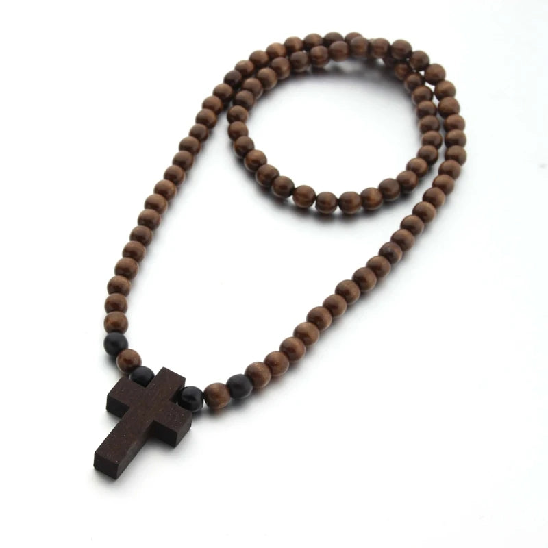 Wood Bead Crucifix Necklace & Bracelet Set - Catholic First Communion Gift