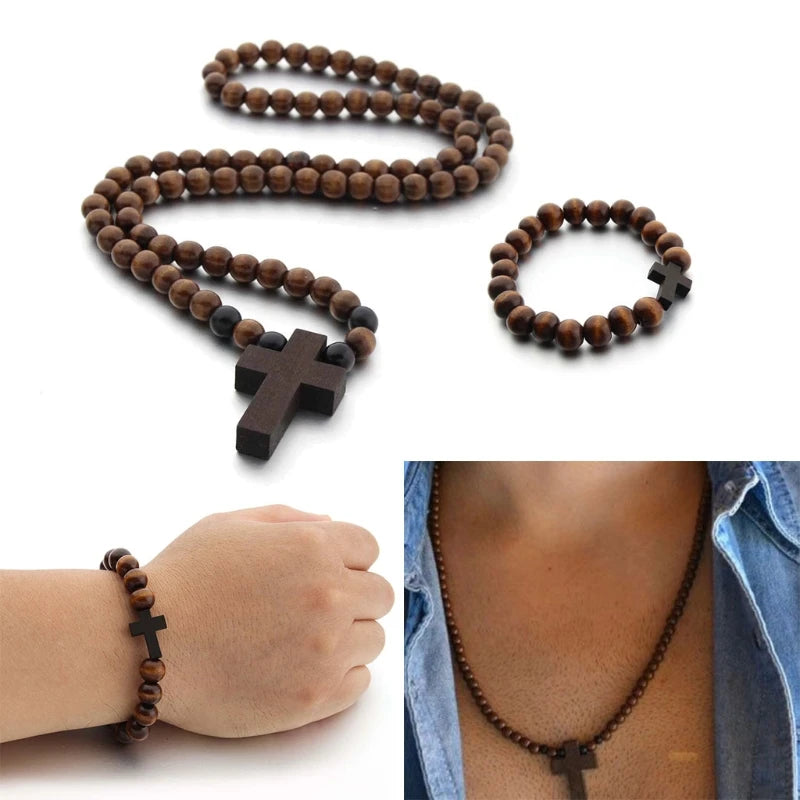Wood Bead Crucifix Necklace & Bracelet Set - Catholic First Communion Gift