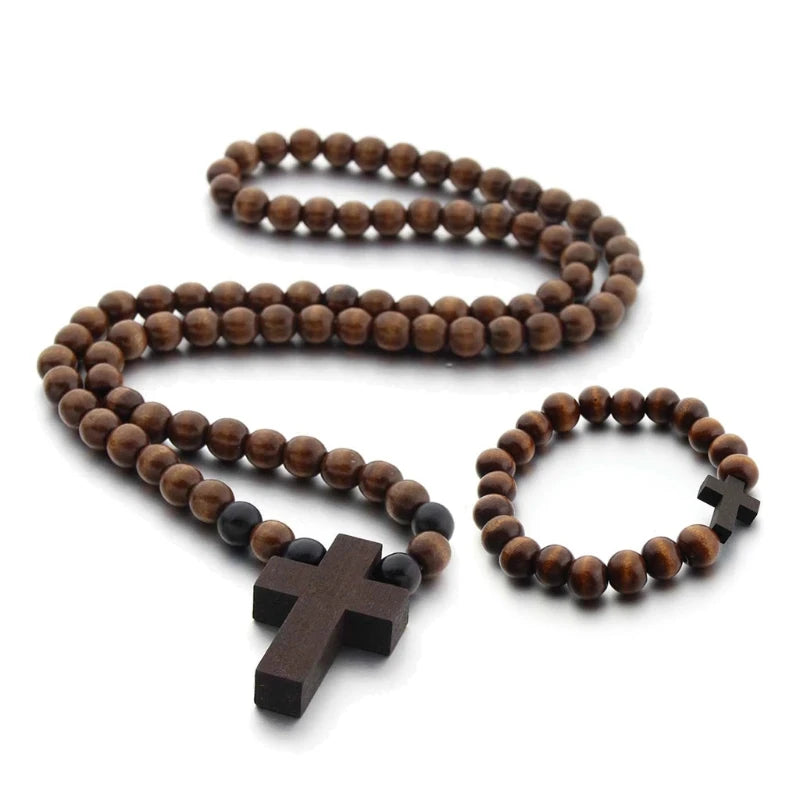 Wood Bead Crucifix Necklace & Bracelet Set - Catholic First Communion Gift