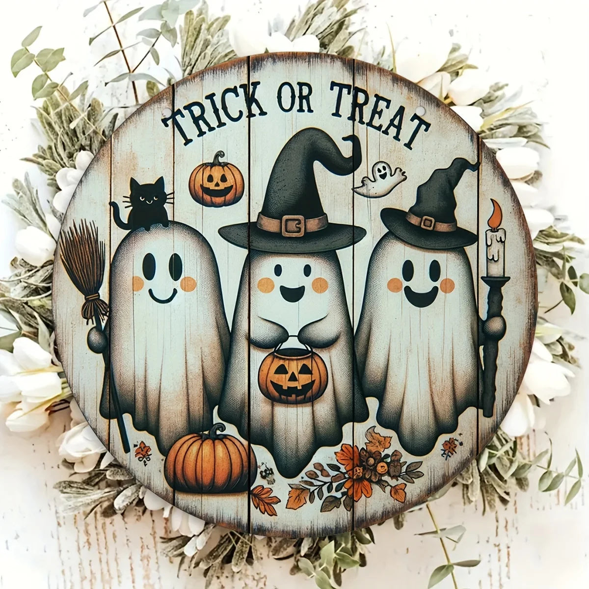 Halloween Türschild aus Holz – Kürbis, schwarze Katze und Fledermäuse Deko